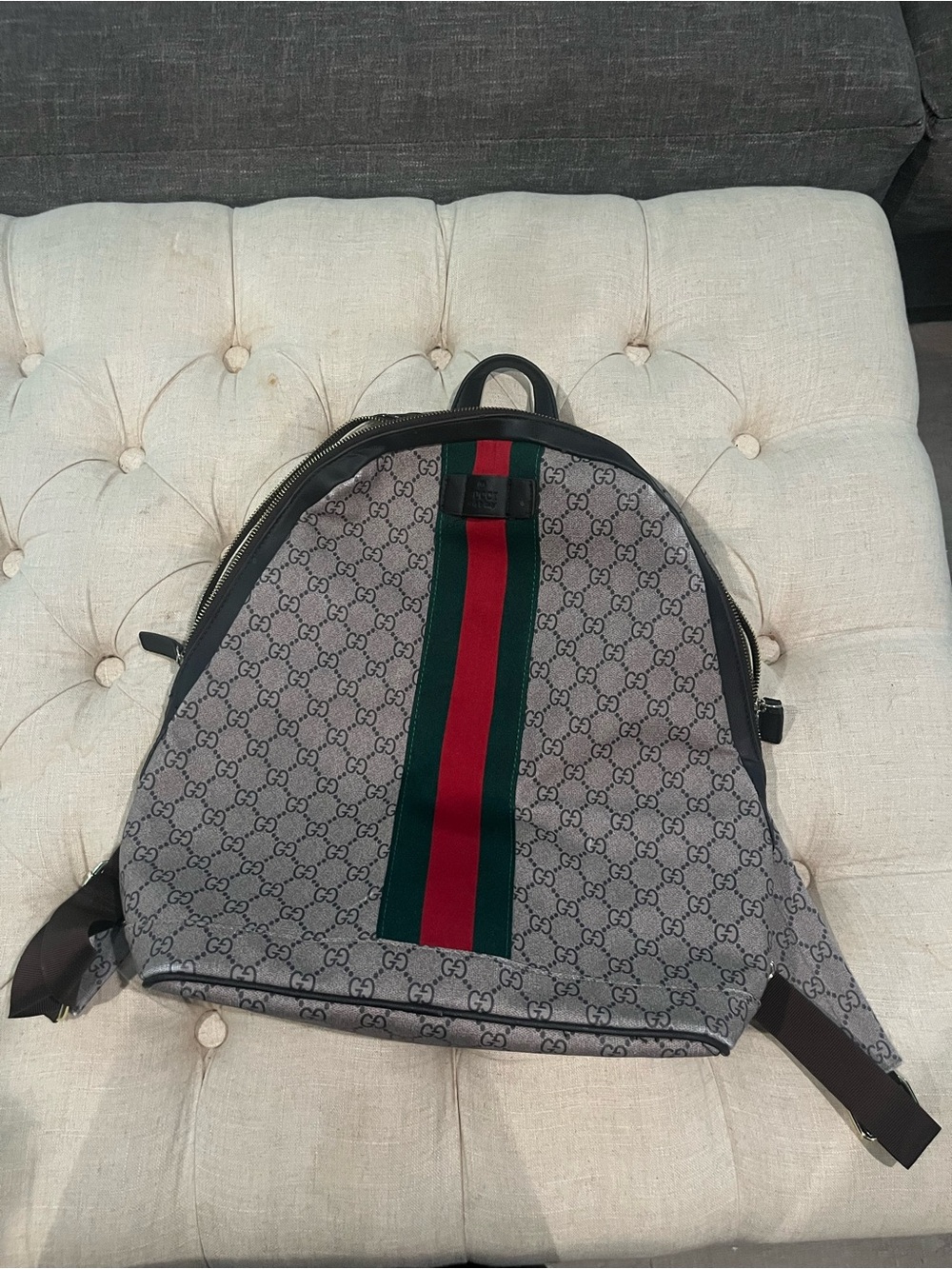 Gucci Beige GG Canvas Backpack with Red & Green Stripe